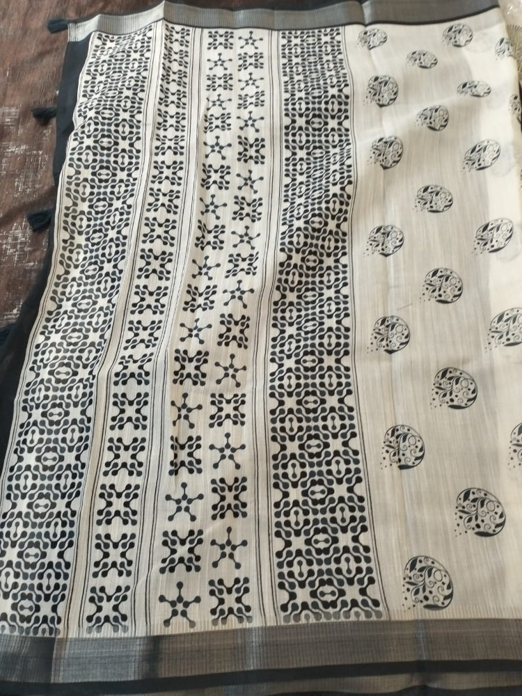 White with black contract elite cotton saree with silver zari border