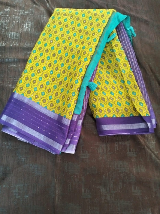 Yellow with Purple Cotton Saree fancy saree
