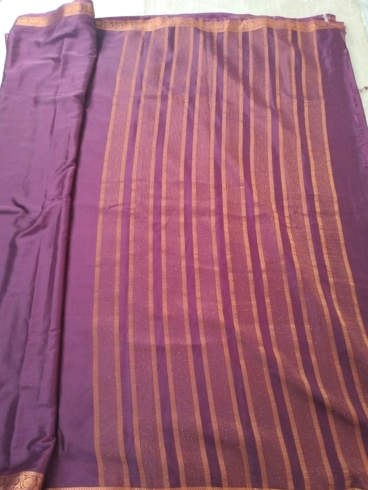Purple with thin flower design rose gold border Mysore Semi Crepe silk saree