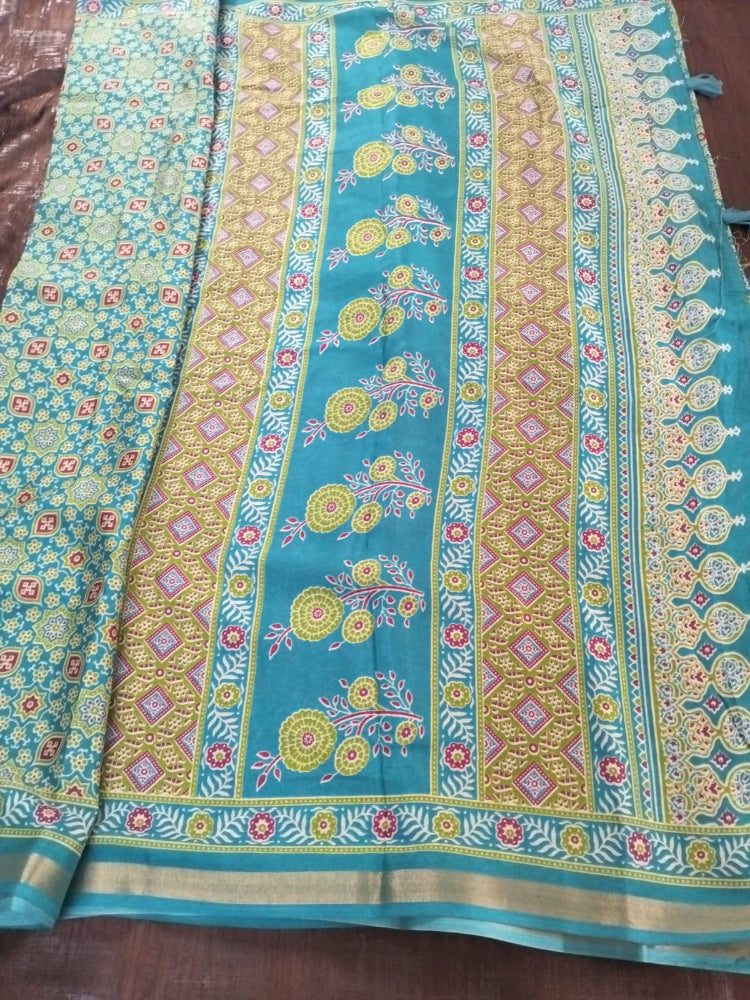 Sea green with zari border Cotton fancy Saree