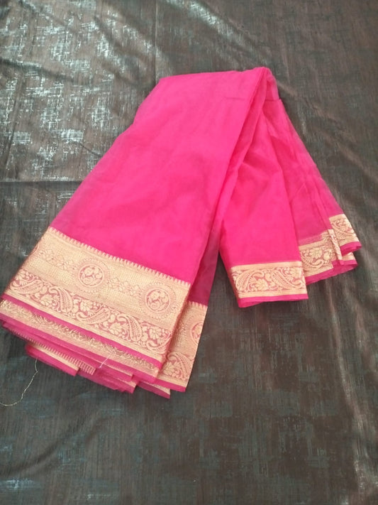 Dark Pink Organza saree with full buttas