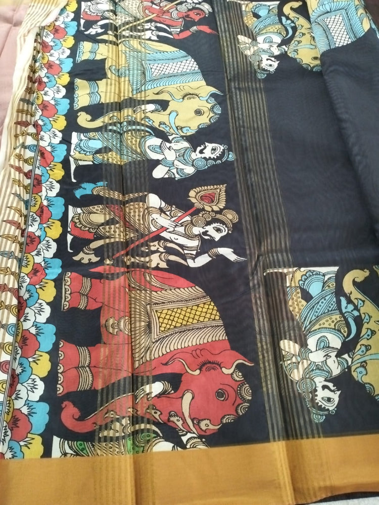 Black with Yellow border Kalamkari unique design semi tusser saree