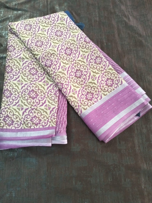 Pink with Yellow design Cotton fancy Saree