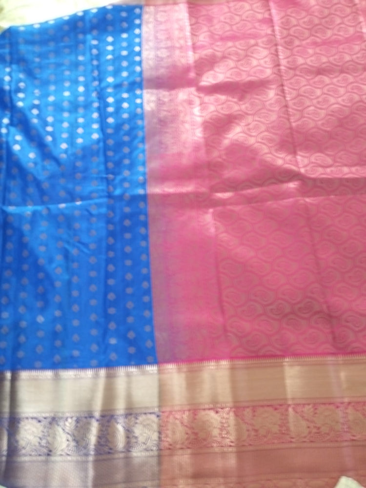 Dark Blue N heavy golden border with Pink and Purple base and pink pallu Semi Kancipuram silk saree