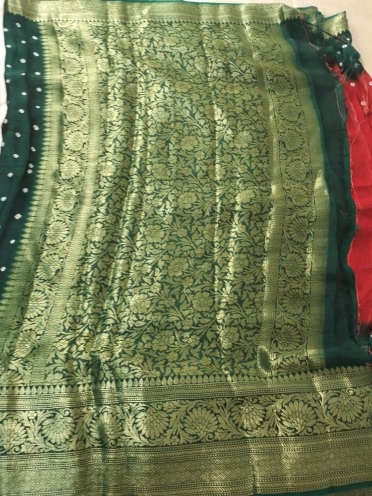 Red with Green bandhani soft silk with heavy golden border
