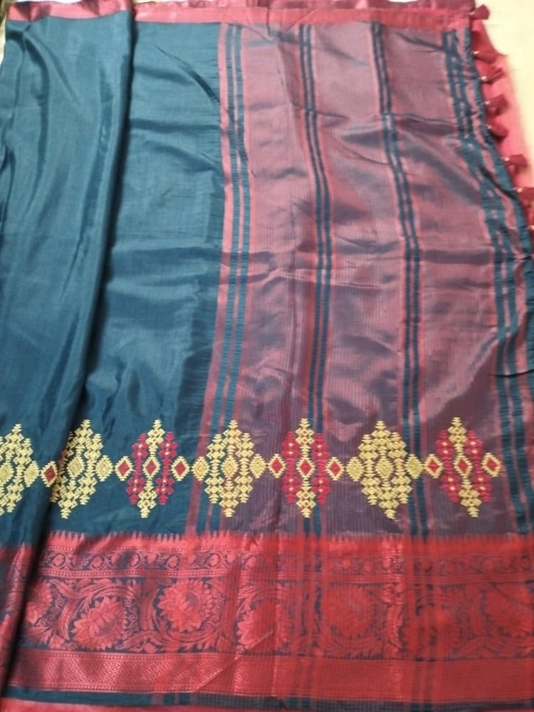 Fancy Blue saree with heavy red border with zari buttas above the border