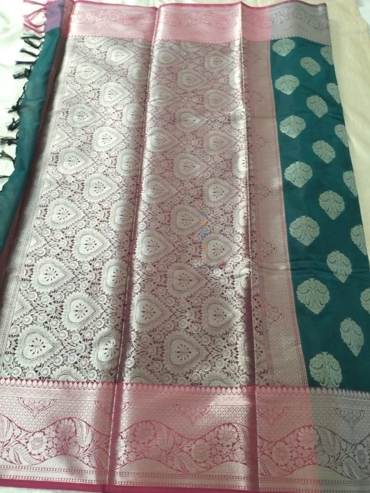 Green with pink wine heavy boarder big butta designer semi silk