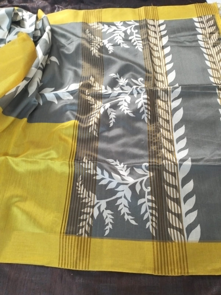 Yellow with Grey leaf pattern soft tussar silk saree