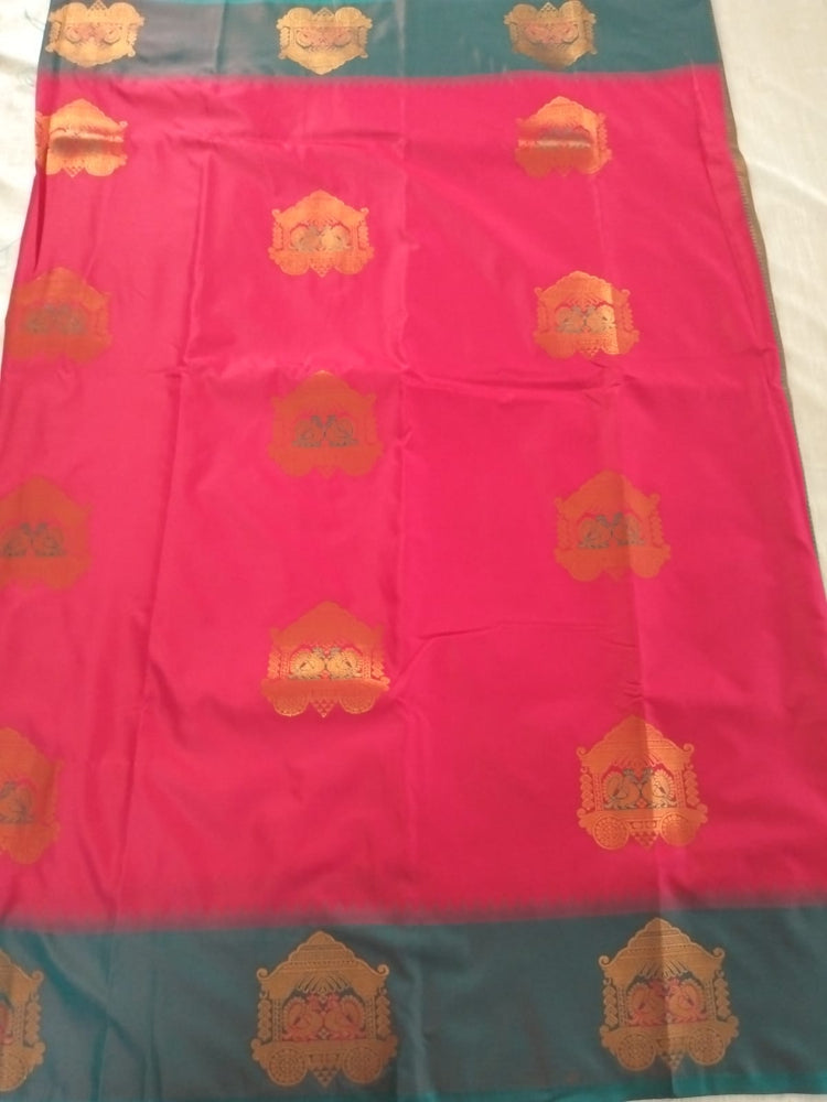 Red with Green border with big chariot buttas semi silk