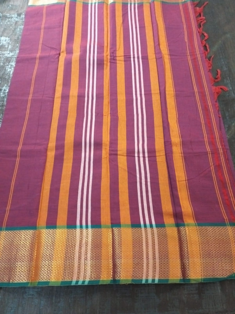 Wine colour with Green Golden border Meenakshi Cotton Saree