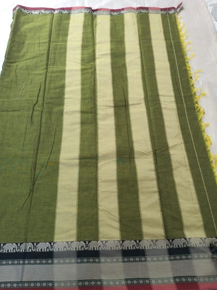 Green colour with grey Elephant border Meenakshi Cotton Saree