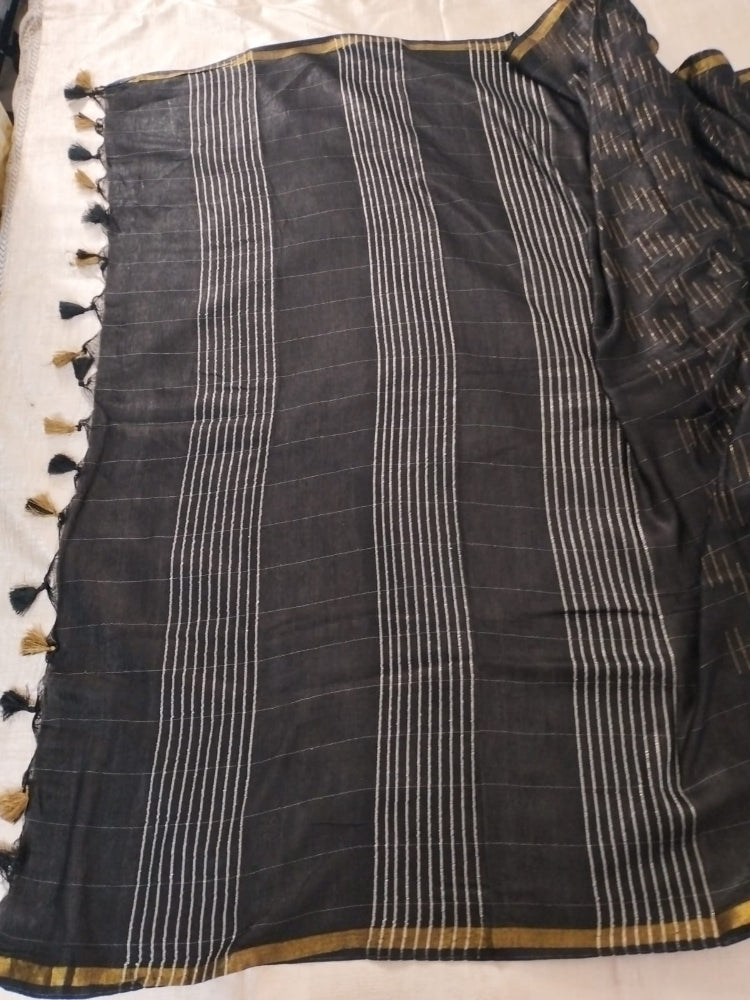 Black Linen cotton saree with border hand beaded for party wear