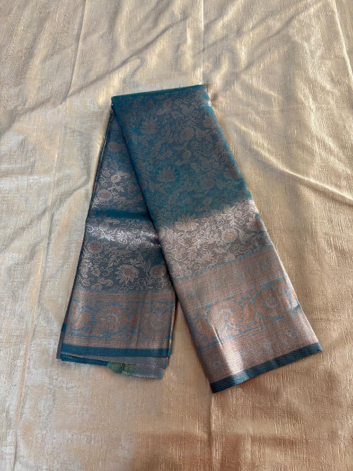 Blue with Rose gold colur heavy border semi silk saree