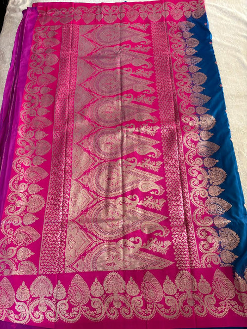 Blue with rani Pink base heavy border semi silk saree