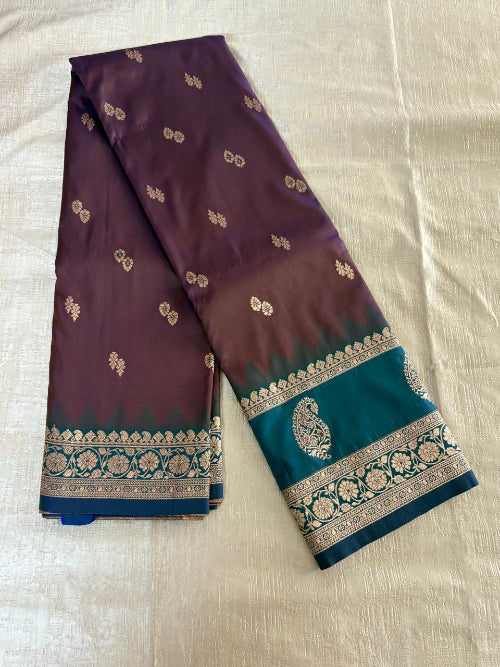 Coca cola colur with blue base heavy double border semi silk saree