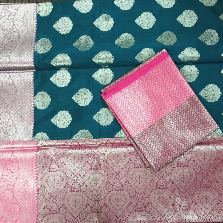 Green with pink wine heavy boarder big butta designer semi silk