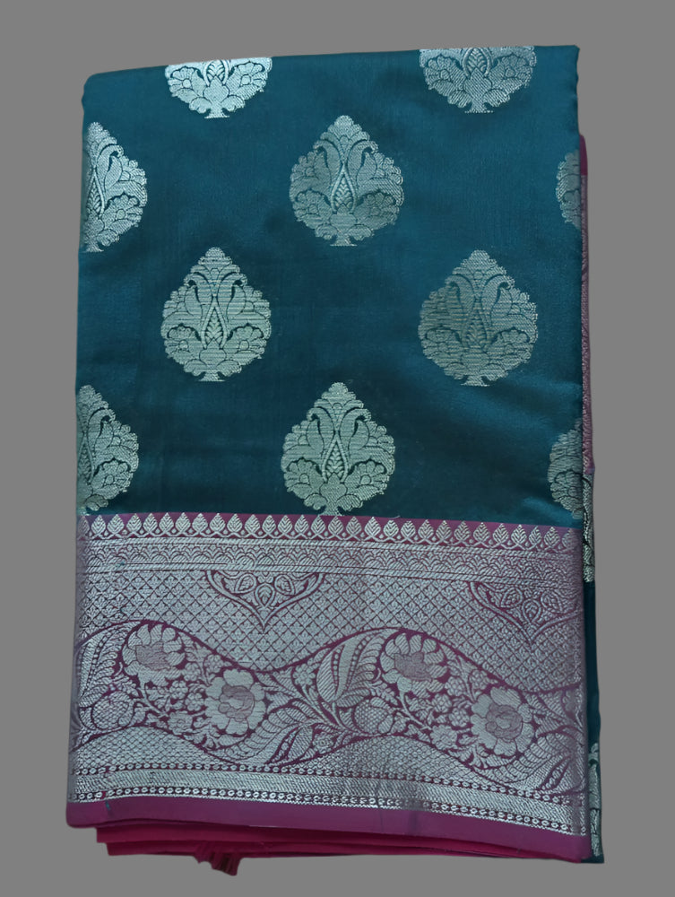 Green with pink wine heavy boarder big butta designer semi silk