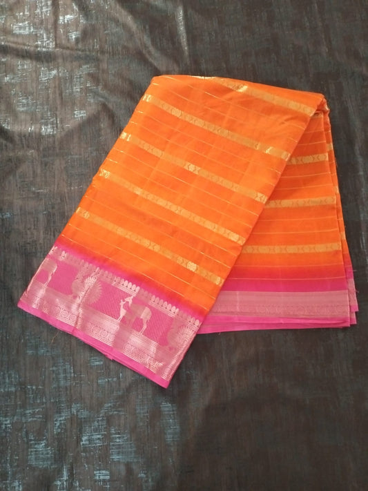 Orange with Pink line golden border on full soft tussar silk saree