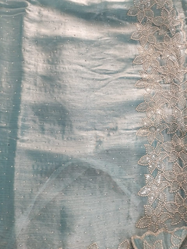 Designer Light Blue Organza saree with full stone work