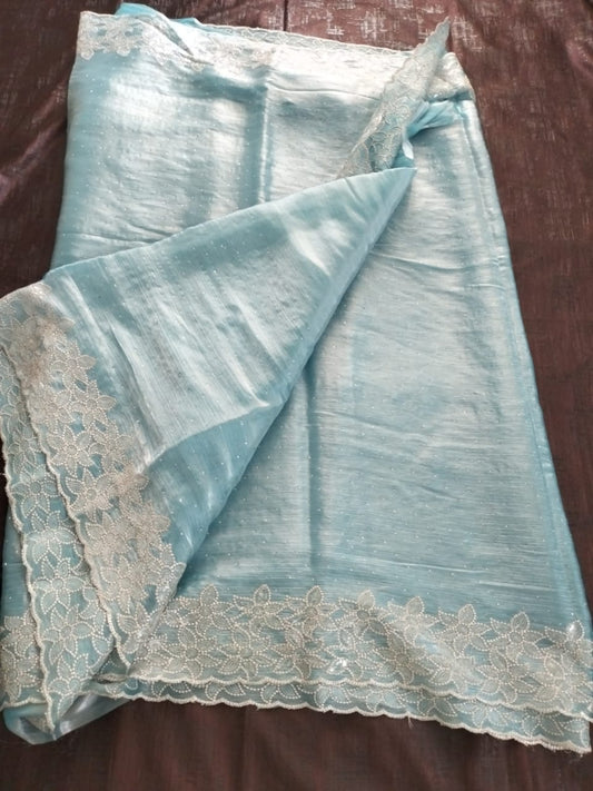 Designer Light Blue Organza saree with full stone work