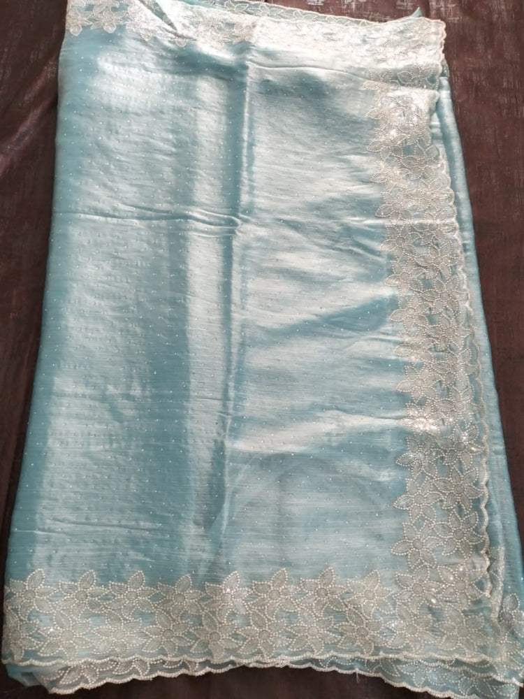 Designer Light Blue Organza saree with full stone work