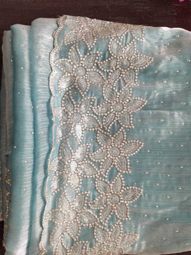 Designer Light Blue Organza saree with full stone work