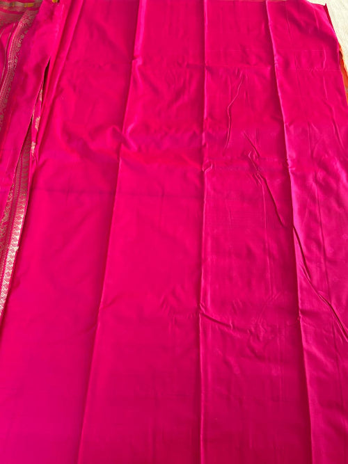 Orange with Pink base heavy double border semi silk saree