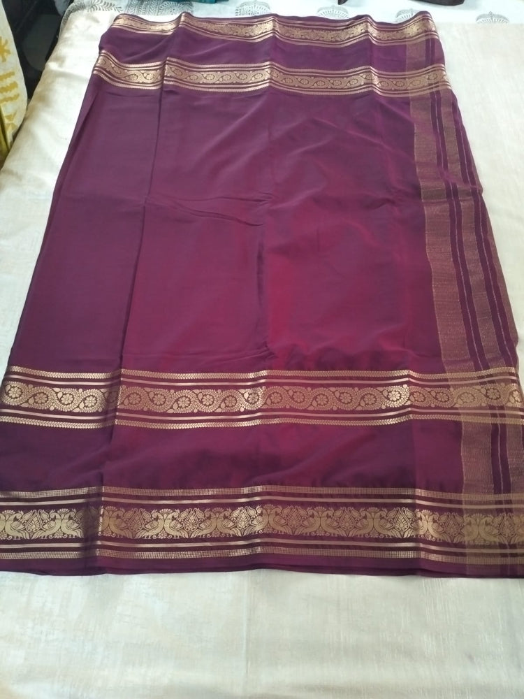 Dark Purple with double Bentex border Mysore Semi Crepe silk saree