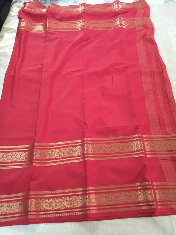 Red with double Bentex border Mysore Semi Crepe silk saree
