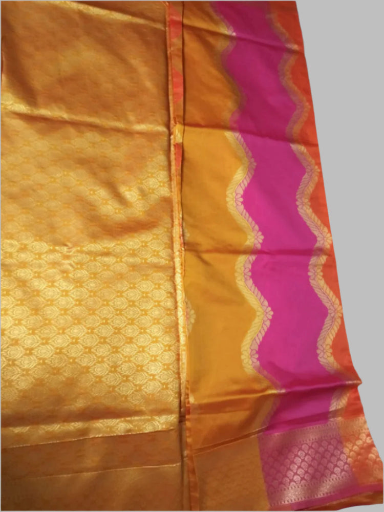 Yellow with Pink Wavy design Lichee Silk Saree