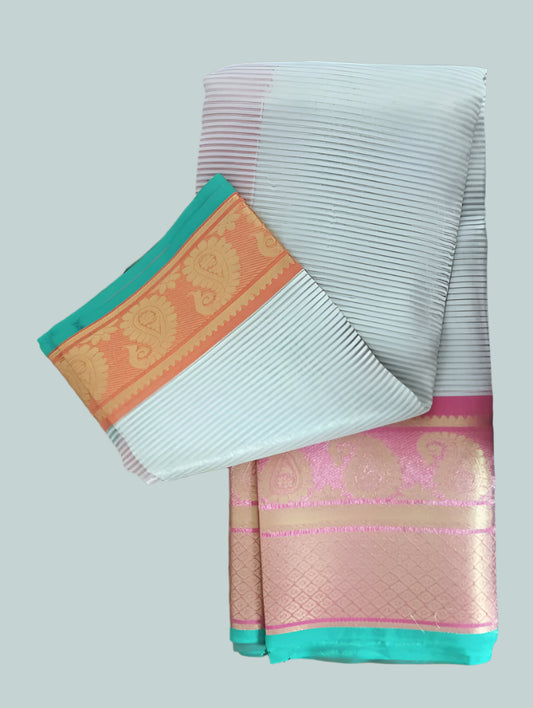 White stripes brocade blouse tissue saree with Pink and Orange touch