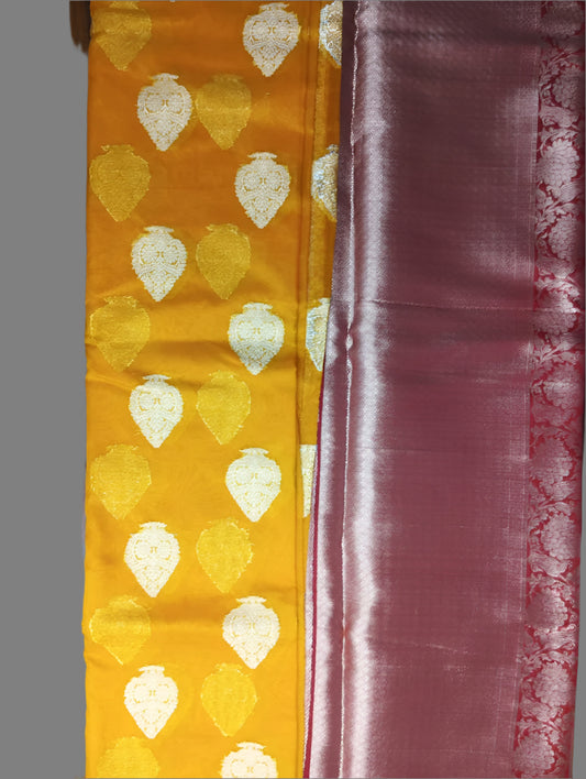 Yellow Red Banaras semi kora organza