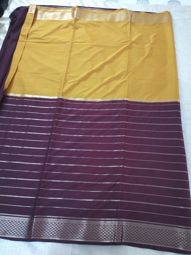 Maroon with Yellow Half n half semi Mysore crepe silk saree