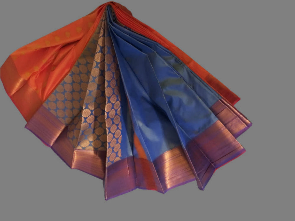 Orange N Dark blue Semi kanchipuram silk with heavy border and pallu