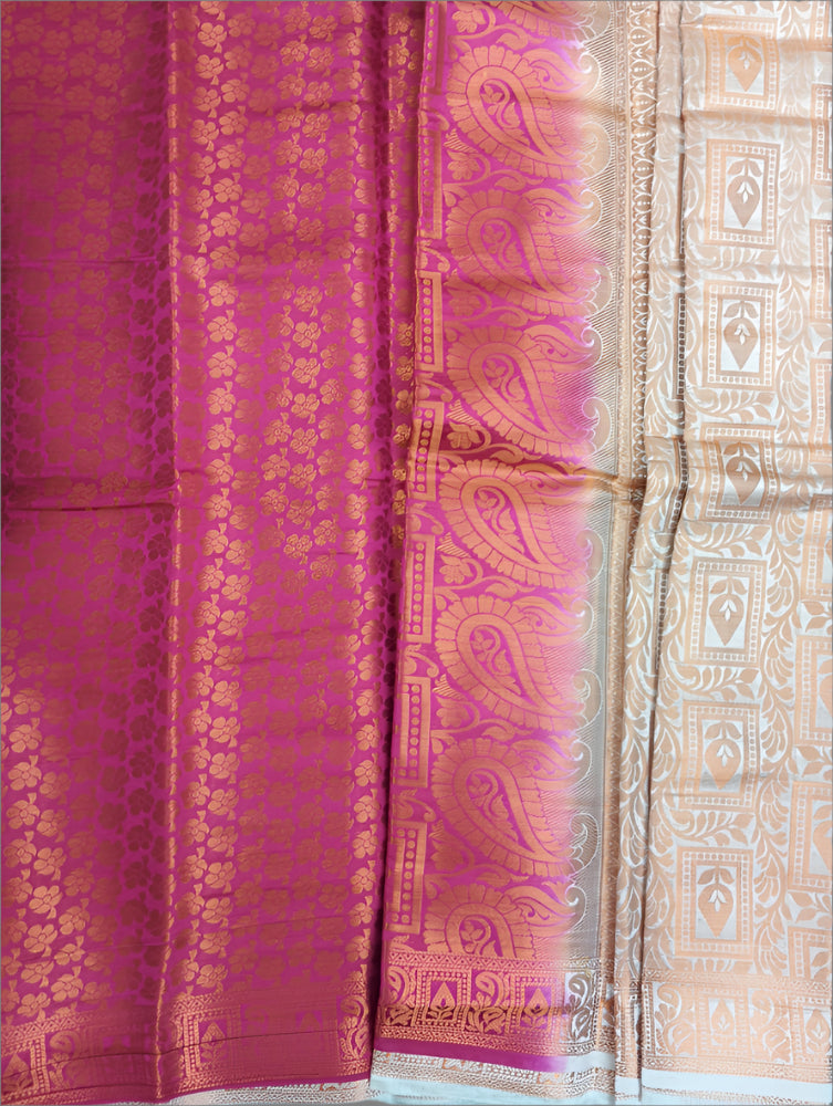White Pink soft semi silk saree with rich pallu