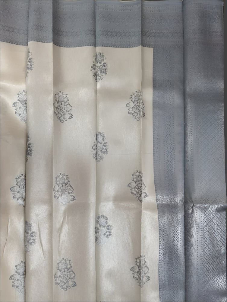 White Grey semi tissue silk saree