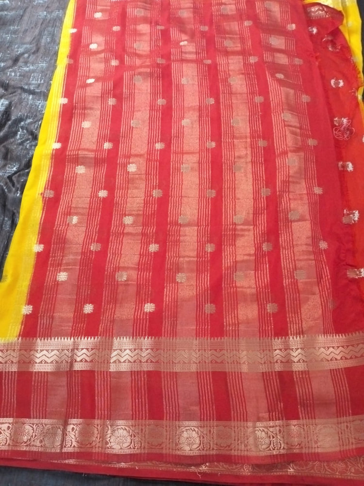 Yellow with Red border Mysore Semi Crepe silk saree