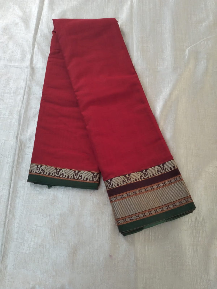 Red colour with grey Elephant border Meenakshi Cotton Saree