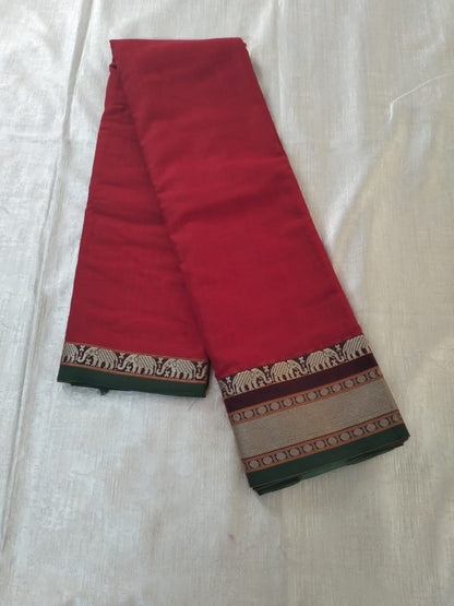 Red colour with grey Elephant border Meenakshi Cotton Saree
