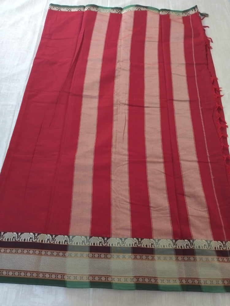 Red colour with grey Elephant border Meenakshi Cotton Saree