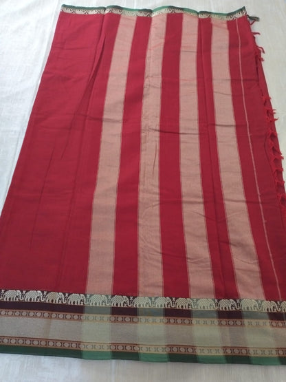 Red colour with grey Elephant border Meenakshi Cotton Saree