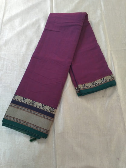 Purple colour with grey Elephant border Meenakshi Cotton Saree