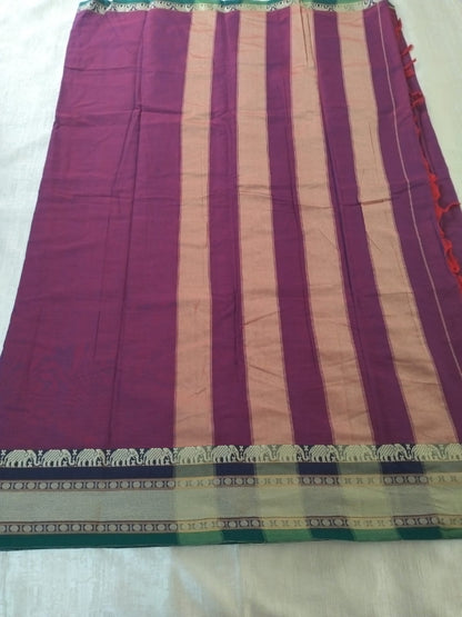 Purple colour with grey Elephant border Meenakshi Cotton Saree