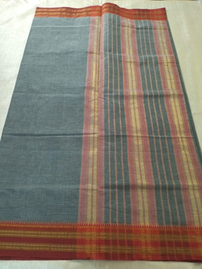Grey colour with red golden border Cotton Saree
