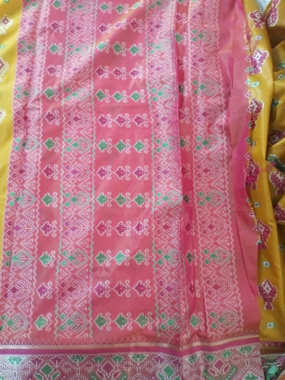 Mustard yellow ikkat pochampalli semi silk saree