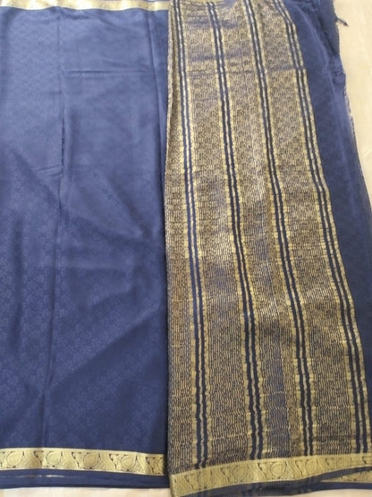 Dark blue with thin Golden border Mysore Semi Crepe silk saree