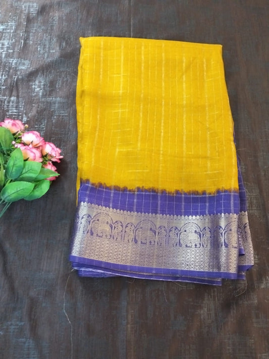 Yellow with chcek and blue silver border semi silk saree