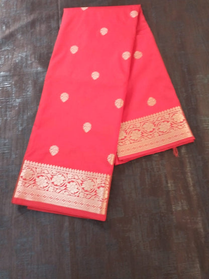 Red semi Katan with butas and heavy golden border Banarsi saree