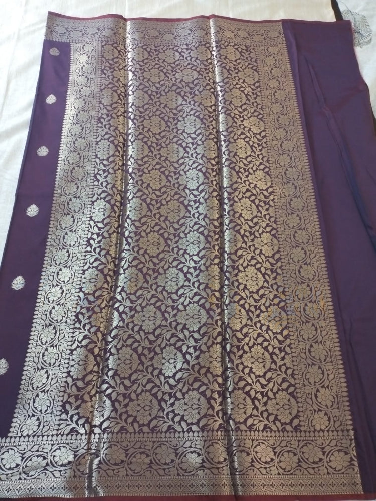 Purple semi katan with butas and heavy golden border banarasi saree