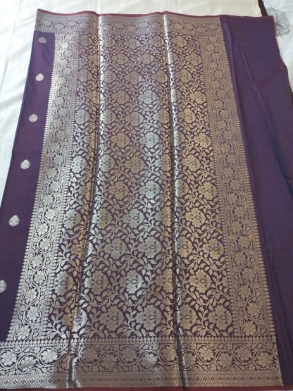 Purple semi katan with butas and heavy golden border banarasi saree